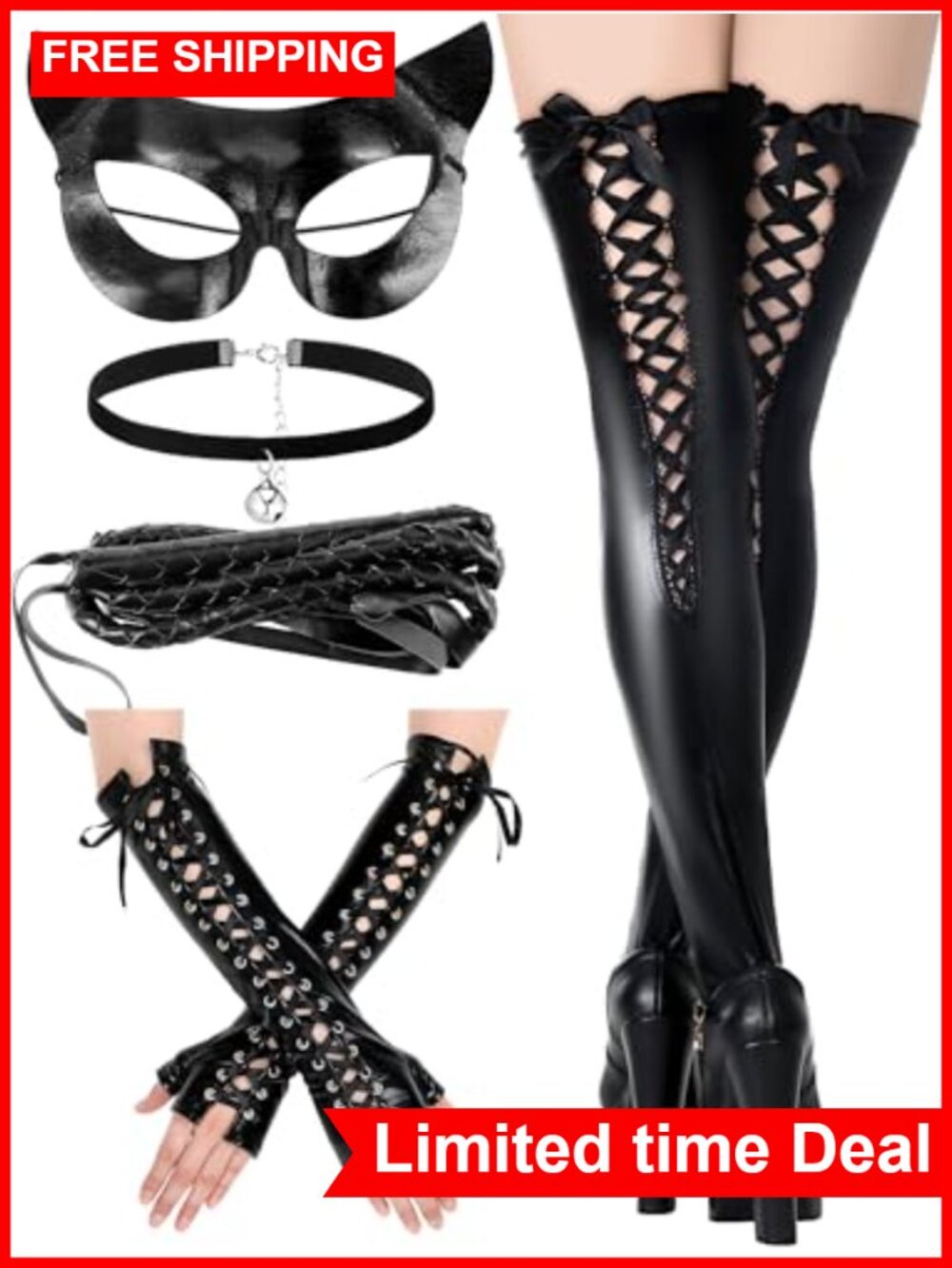 Faux Leather Cat Costume Set, 5 Pcs, Masquerade Halloween Accessories